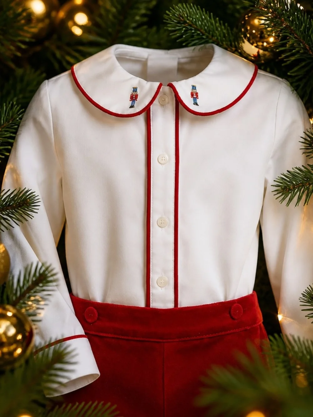 White Peter Pan Collar Top and Red Velvet Shorts Set